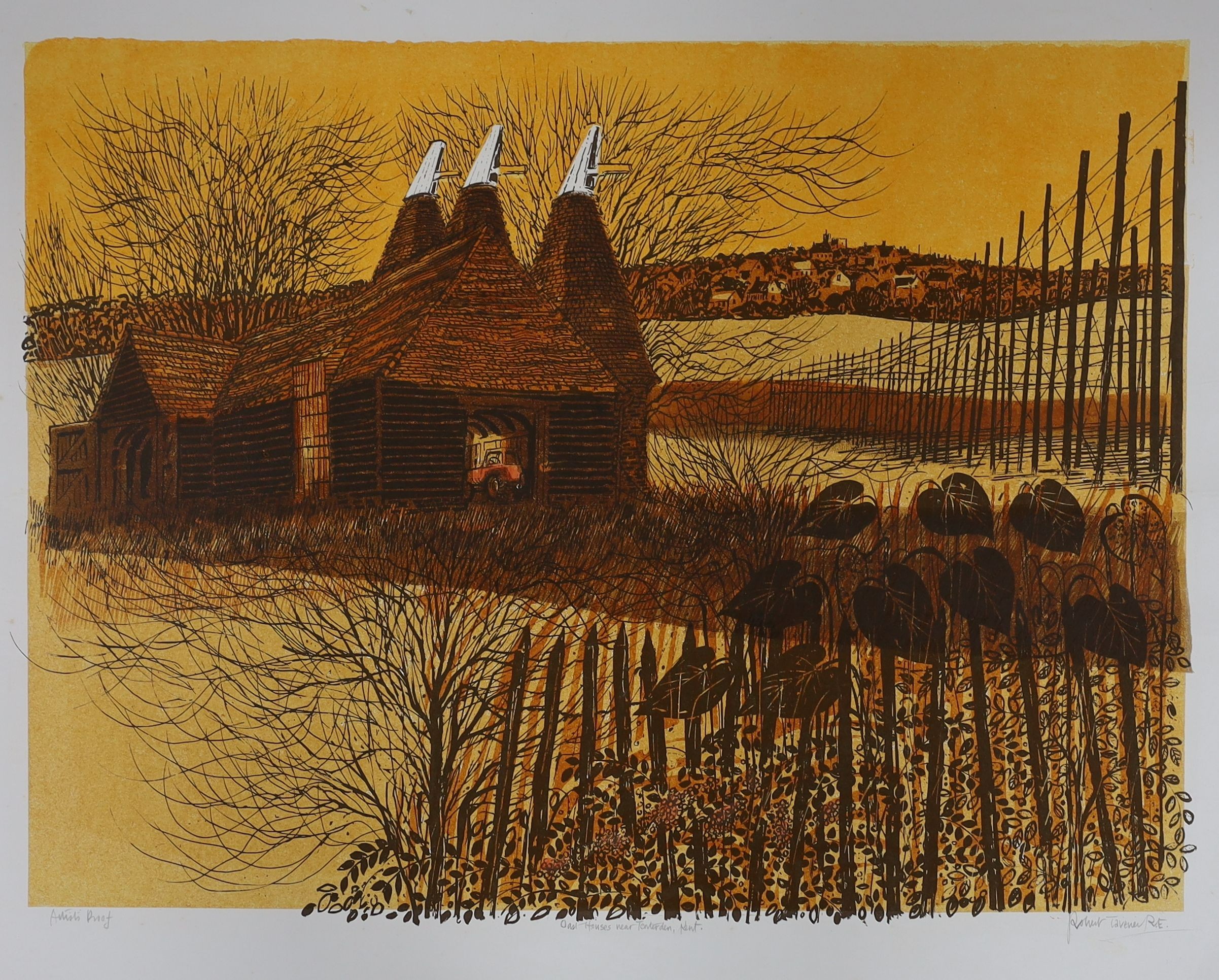 Robert Tavener (1920-2004), artist proof print, 'Oast houses near Tenterden, Kent', signed in pencil, 52 x 64cm, unframed